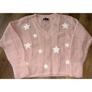 Express Pink Knit V Neck Sweater Stars Cropped Long‎ Sleeve Women Size Small